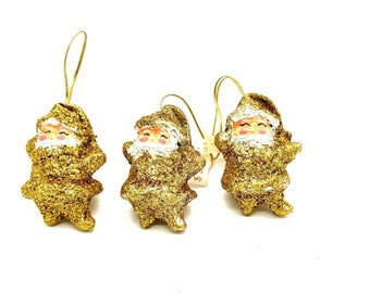 Vintage Miniature Gold Glitter Santa Claus Trio Christmas Tree Ornaments