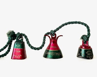 Vintage 1950's Sarna India Happy Holiday Christmas & New Year Bells Set of Three on Rope