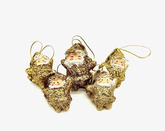 Vintage Miniature Gold Glitter Santa Claus Christmas Tree Ornaments Set of 5