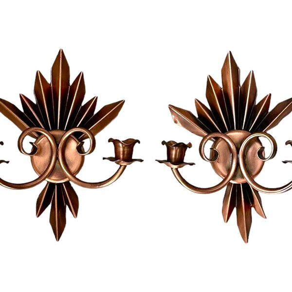 Vintage Gregorian Copper Company Hollywood Regency Pleated Flame Double Candle Wall Sconces