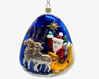 Large Blown Glass Christmas Ornament Double Sided Night Before Christmas Santa and Sleigh Made in Poland