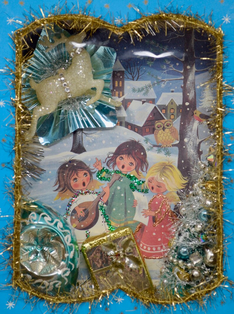 Vintage Christmas Shadowbox Repurposed Christmas Ornament Box Decoration Blue Christmas Mod Decor