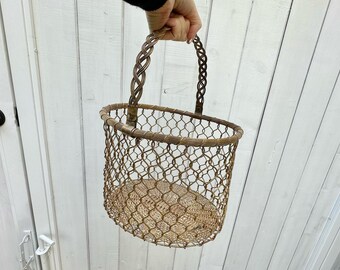Vintage Brass Basket With Handle Chicken Wire Weave Farmhouse Rustic Decor