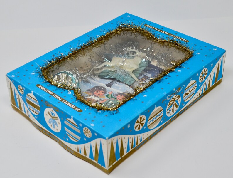 Vintage Christmas Shadowbox Repurposed Christmas Ornament Box Decoration Blue Christmas Mod Decor