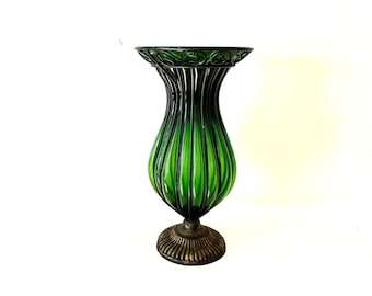 Vintage Italian Caged Green Blown Glass Vase With Metal Base