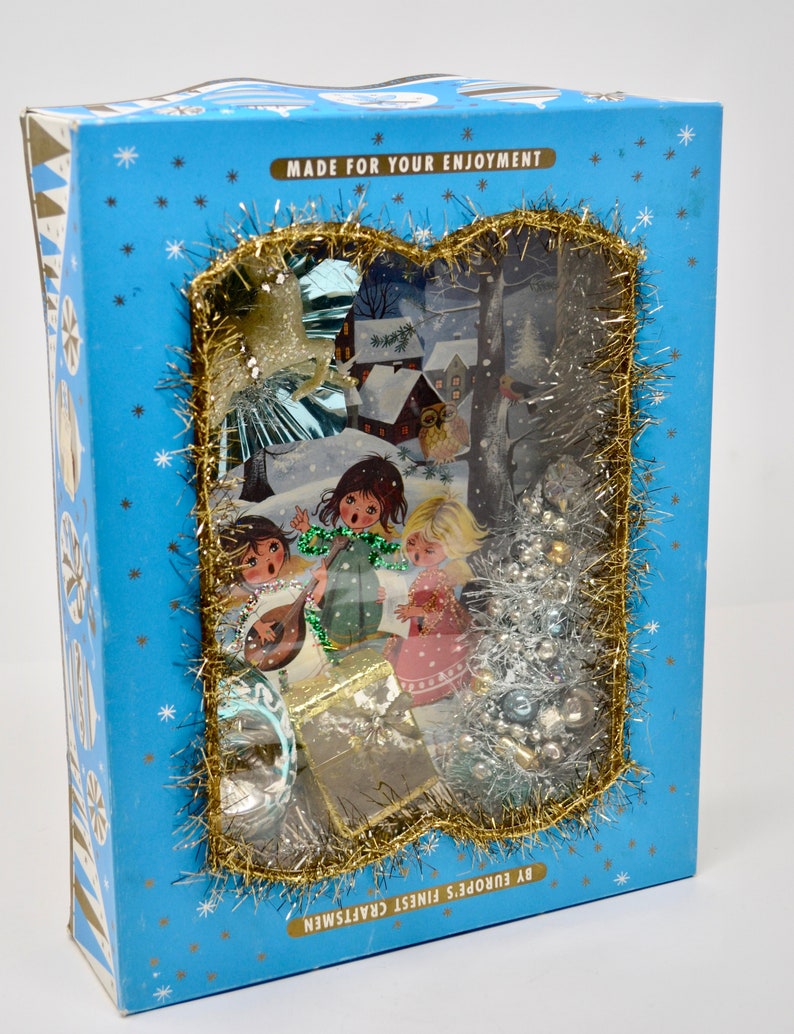 Vintage Christmas Shadowbox Repurposed Christmas Ornament Box Decoration Blue Christmas Mod Decor