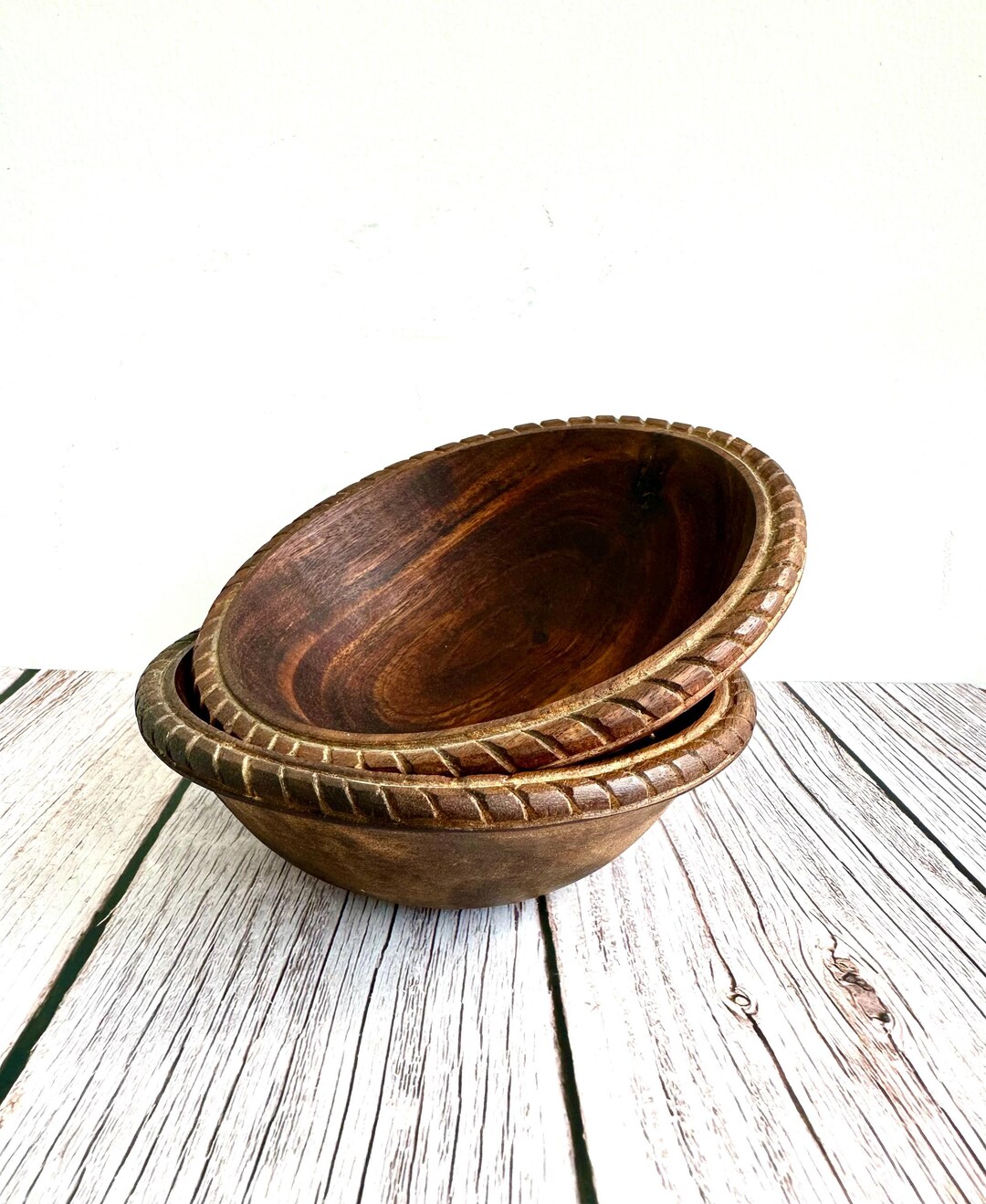 Rustic Carved Rim Wood Display Prop Bowls Set of Two Made in the ...