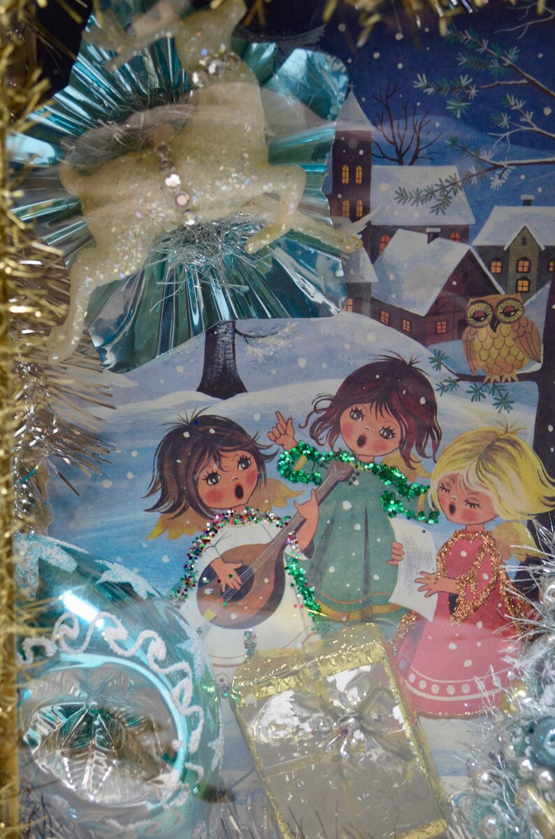 Vintage Christmas Shadowbox Repurposed Christmas Ornament Box Decoration Blue Christmas Mod Decor