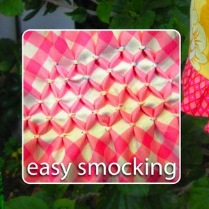 May include: Close-up of a pink and white gingham fabric with a smocked design. The fabric is gathered and stitched in a diamond pattern. The text "easy smocking" is displayed in a white box at the bottom of the image.