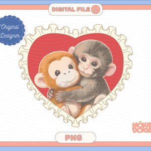 Puede incluir: Un archivo digital con dos monos de dibujos animados abrazándose dentro de un corazón rojo con un borde de encaje blanco. La imagen tiene un borde azul y rosa con el texto "DIGITAL FILE" y "PNG". También están presentes las palabras "Original Designer".