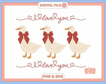 Imágenes prediseñadas de gansos enamorados en formato PNG y SVG, con lazo rojo vintage y estilo femenino en tonos pastel (descarga digital).