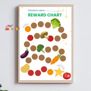 Könnte beinhalten: Ein druckbarer Belohnungs-Chart für Kinder mit einem bunten Weg mit Gemüse und einem Stern am Ende. Der Chart sagt "Reward Chart" und "Start!" und "Success!" am Anfang und Ende des Weges.