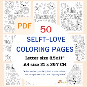 50 Self-Love Affirmation Coloring Pages,Kawaii Affirmation Coloring Pages for Kids Printable PDF, Motivational Quotes,Unique Original Design