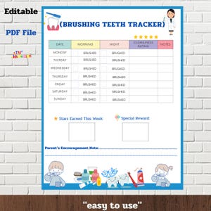 Tabla de seguimiento del cepillado de dientes para niños, Cepíllate los dientes, Seguimiento semanal de la limpieza dental, Rutina de higiene bucal imprimible, Registro de cepillado de dientes para niños.