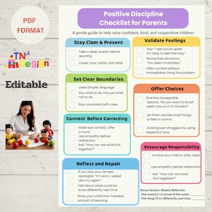Puede incluir: Una lista de verificación imprimible para padres sobre disciplina positiva. La lista de verificación está dividida en secciones con encabezados coloridos y casillas de verificación. Las secciones incluyen: Mantener la calma y estar presente, Establecer límites claros, Conectar antes de corregir, Reflexionar y reparar, Validar los sentimientos, Ofrecer opciones, Fomentar la responsabilidad. La lista de verificación también incluye una sección adicional para la reflexión semanal.