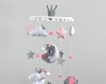 Baby mobile girl Bear mobile Felt animals Nursery mobile girl Baby crib mobile Pink baby mobile Baby shower gift New baby girl gift
