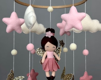 Fairy crib mobile for baby girl Fairy nursery decor Gold butterfly mobile Fairy baby mobile Felt hanging mobile Fairy baby shower