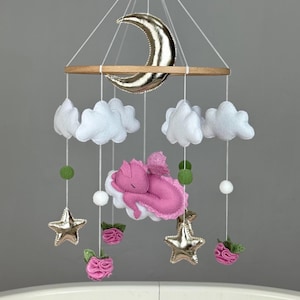 Pink dragon baby mobile girl Felt dragon crib mobile Fantasy nursery mobile flower Sleeping dragon on cloud Dragon baby shower decor