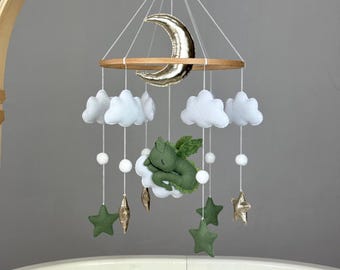Green dragon baby mobile neutral Felt dragon crib mobile Fantasy nursery mobile Sleeping dragon on cloud Dragon baby shower decor
