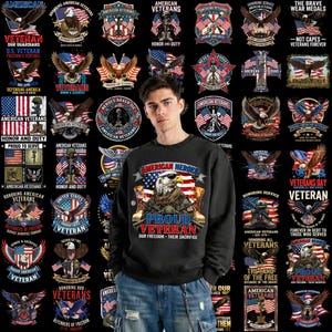 May include: Black sweatshirt with an American eagle graphic and the text "American Heroes Proud Veteran." Surrounding the sweatshirt are various patriotic emblems, flags, and text honoring veterans.