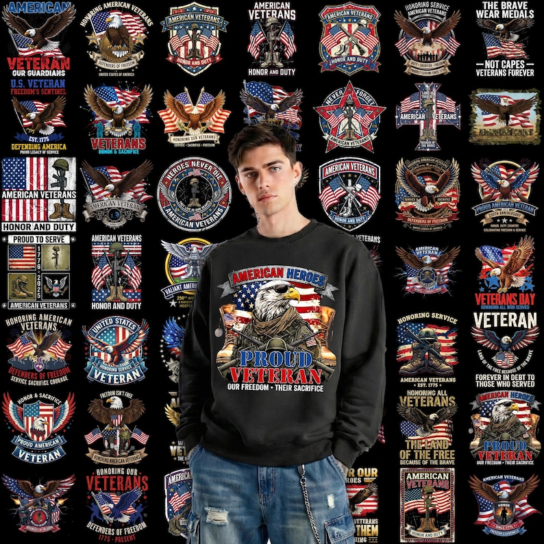 May include: Black sweatshirt with an American eagle graphic and the text "American Heroes Proud Veteran." Surrounding the sweatshirt are various patriotic emblems, flags, and text honoring veterans.