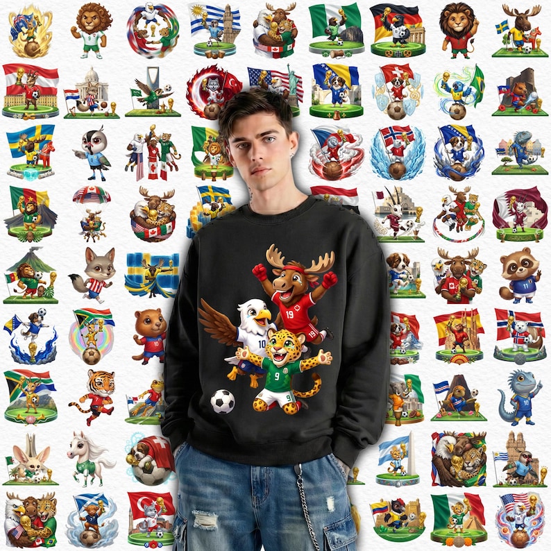 Op de afbeelding: Een zwart sweatshirt met een afbeelding van een adelaar, een eland en een jaguar in voetbaltenues. Rondom het sweatshirt staan verschillende cartoonafbeeldingen van dieren die voetballen, elk met een vlag.