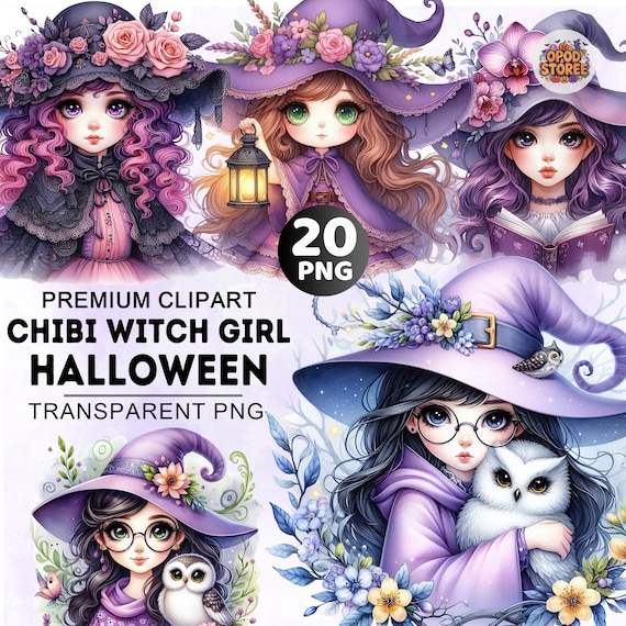 20+ Gothic Witch Clipart Bundle, Dark Witches Png, Chibi Witch Girl Clipart, Cute Witches Png, Fantasy Magic Clipart, Halloween Png