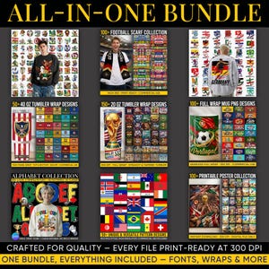 Op de afbeelding: Een advertentie voor een alles-in-&eacute;&eacute;n bundel digitale ontwerpen. De afbeelding toont product-mockups, waaronder tumbler wraps, mokontwerpen, posters en sjaalcollecties. De tekst bevat "Alphabet Collection" en "World Cup".