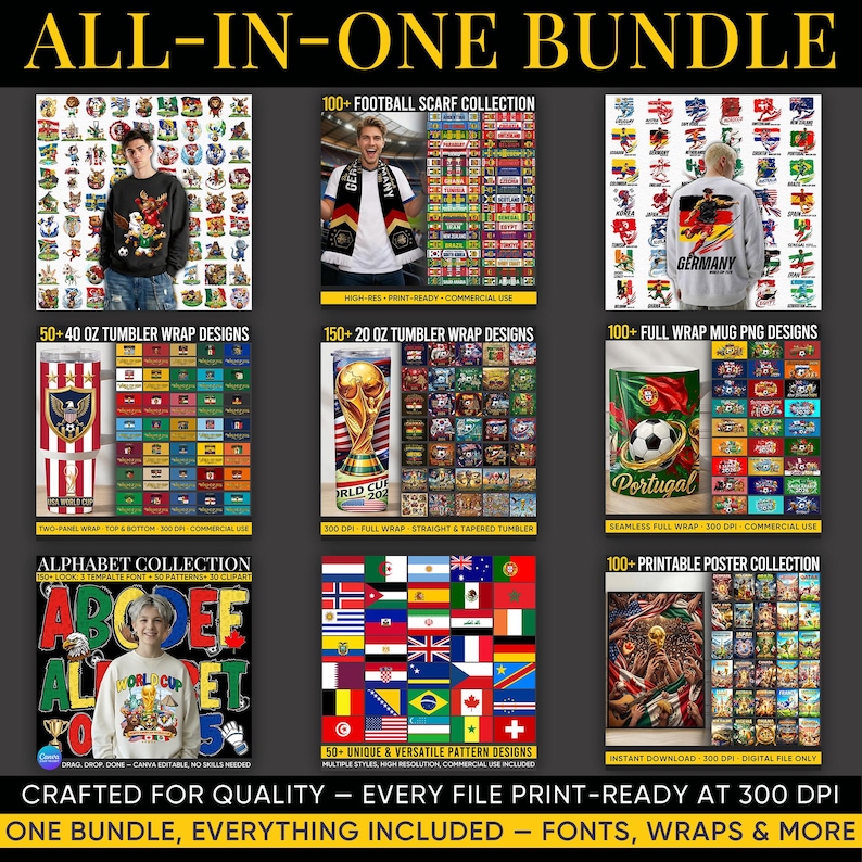 Op de afbeelding: Een advertentie voor een alles-in-&eacute;&eacute;n bundel digitale ontwerpen. De afbeelding toont product-mockups, waaronder tumbler wraps, mokontwerpen, posters en sjaalcollecties. De tekst bevat "Alphabet Collection" en "World Cup".