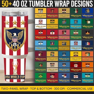 Op de afbeelding: Een 1,18-liter tumbler wrap design met een rood-wit gestreept patroon, een gouden schild en sterren. Het schild toont een adelaar, voetbal en de tekst "USA WORLD CUP". Extra ontwerpen met vlaggen en de tekst "WORLD CUP 2026" zijn ook afgebeeld.