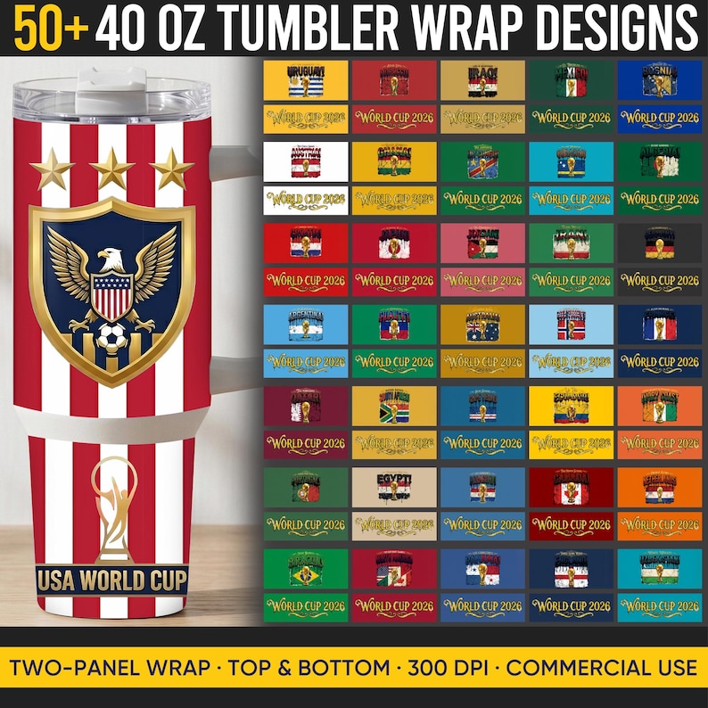 Op de afbeelding: Een 1,18-liter tumbler wrap design met een rood-wit gestreept patroon, een gouden schild en sterren. Het schild toont een adelaar, voetbal en de tekst "USA WORLD CUP". Extra ontwerpen met vlaggen en de tekst "WORLD CUP 2026" zijn ook afgebeeld.