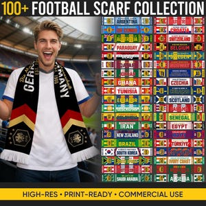 Op de afbeelding: Een verzameling van meer dan 100 voetbalsjaals, elk met de vlag en naam van een land. Een persoon draagt een zwart, rood en gouden sjaal met de tekst "GERMANY" en "DFB". De afbeelding bevat ook de tekst "100+ FOOTBALL SCARF COLLECTION".