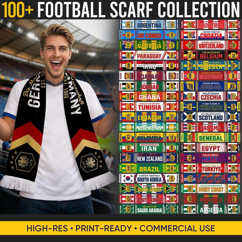 Op de afbeelding: Een verzameling van meer dan 100 voetbalsjaals, elk met de vlag en naam van een land. Een persoon draagt een zwart, rood en gouden sjaal met de tekst "GERMANY" en "DFB". De afbeelding bevat ook de tekst "100+ FOOTBALL SCARF COLLECTION".