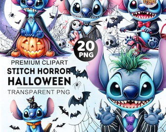 Pacchetto di oltre 20 clipart di Stitch Horror, personaggi horror in formato PNG, clipart di Stitch per Halloween, Stitch spaventoso e carino in formato PNG, clipart di Stitch, PNG spettrale