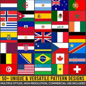 Op de afbeelding: Een raster van vlaggen van verschillende landen, waaronder Nederland, Spanje en Japan. De tekst onderaan luidt "50+ UNIQUE & VERSATILE PATTERN DESIGNS" en "MULTIPLE STYLES, HIGH RESOLUTION, COMMERCIAL USE INCLUDED."