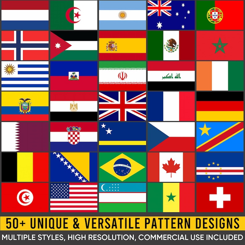 Op de afbeelding: Een raster van vlaggen van verschillende landen, waaronder Nederland, Spanje en Japan. De tekst onderaan luidt "50+ UNIQUE & VERSATILE PATTERN DESIGNS" en "MULTIPLE STYLES, HIGH RESOLUTION, COMMERCIAL USE INCLUDED."