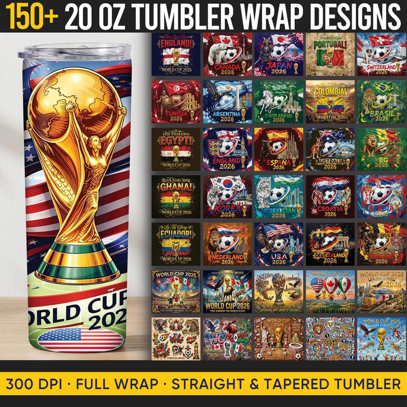 Op de afbeelding: Een 20 oz tumbler wrap design met een gouden trofee en de tekst "World Cup 2026". Het ontwerp bevat de Amerikaanse vlag en een verzameling landthema-ontwerpen voor het Wereldkampioenschap 2026.