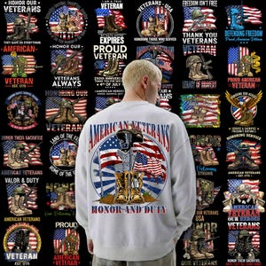 May include: A white sweatshirt featuring a design honoring American veterans. The design includes the words "American Veterans" and "Honor and Duty," along with images of boots, flags, and military equipment. Surrounding the sweatshirt are various patriotic graphics.