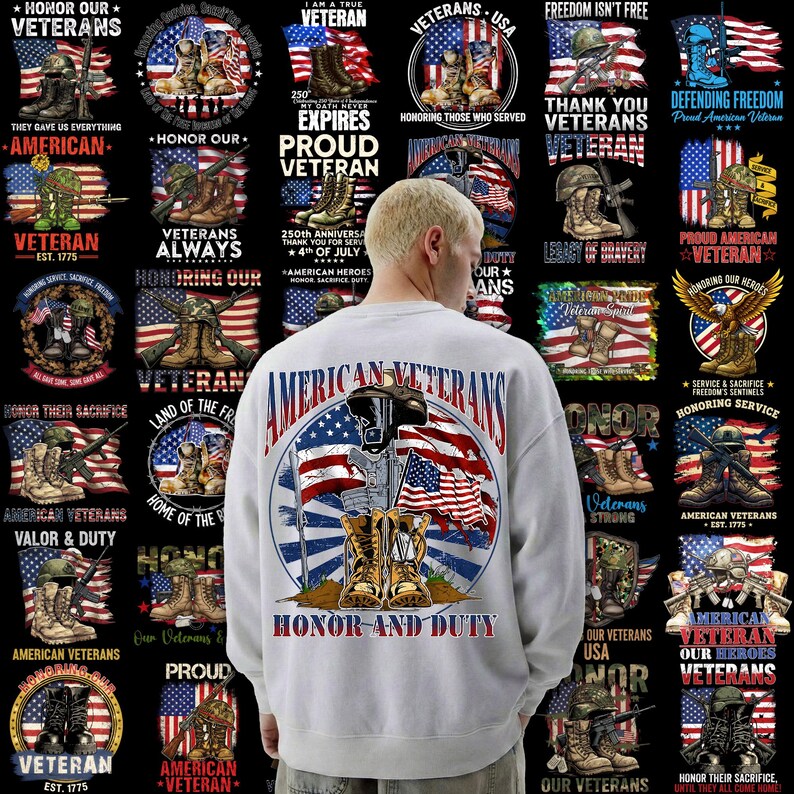 May include: A white sweatshirt featuring a design honoring American veterans. The design includes the words "American Veterans" and "Honor and Duty," along with images of boots, flags, and military equipment. Surrounding the sweatshirt are various patriotic graphics.