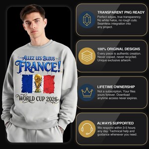 Op de afbeelding: Een lichtgrijs sweatshirt met de tekst "ALLEZ LES BLEUS FRANCE!" en "WORLD CUP 2026" in blauw en goud. Het ontwerp bevat de Franse vlag en een gouden trofee. Het sweatshirt wordt door een persoon gedragen.