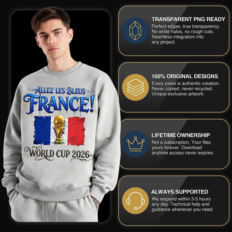 Op de afbeelding: Een lichtgrijs sweatshirt met de tekst "ALLEZ LES BLEUS FRANCE!" en "WORLD CUP 2026" in blauw en goud. Het ontwerp bevat de Franse vlag en een gouden trofee. Het sweatshirt wordt door een persoon gedragen.