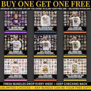 Op de afbeelding: Een promotionele afbeelding met de tekst "KOOP ER EEN, KRIJG ER EEN GRATIS." Het toont verschillende designbundels, waaronder thema's als Military Child Day, Christian Nativity, Vaderdag, Memorial Day, USA 250th Anniversary, America Army, Nurse Week, Sports Mama en FIFA World Cup 2026.