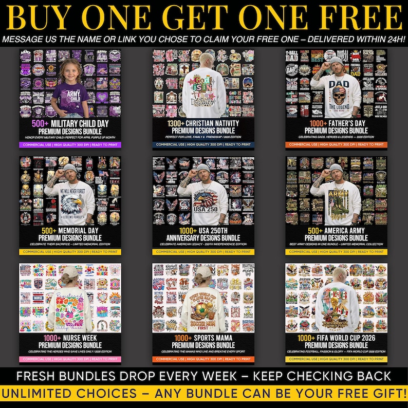 Op de afbeelding: Een promotionele afbeelding met de tekst "KOOP ER EEN, KRIJG ER EEN GRATIS." Het toont verschillende designbundels, waaronder thema's als Military Child Day, Christian Nativity, Vaderdag, Memorial Day, USA 250th Anniversary, America Army, Nurse Week, Sports Mama en FIFA World Cup 2026.