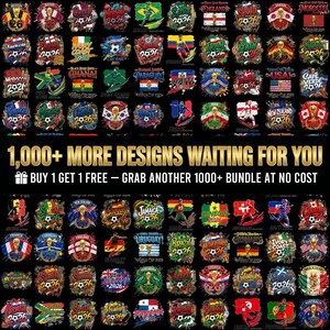 Op de afbeelding: Een verzameling voetbalontwerpen met vlaggen en het jaar 2026. De afbeelding bevat de tekst "1.000+ MORE DESIGNS WAITING FOR YOU" en "BUY 1 GET 1 FREE - GRAB ANOTHER 1000+ BUNDLE AT NO COST".