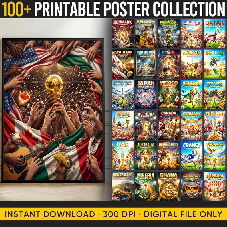 Op de afbeelding: Een verzameling van meer dan 100 afdrukbare posters. De hoofdafbeelding toont een gouden trofee die door vele handen wordt omhooggehouden, omringd door vlaggen en een menigte. Extra posters tonen verschillende landen. Tekst bevat "DIRECT DOWNLOADEN" en "ALLEEN DIGITAAL BESTAND."