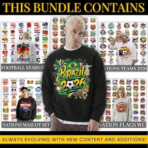 Op de afbeelding: Promotieafbeelding met een bundel voetbalsweatshirts. De ontwerpen omvatten vlaggen, teamlogo's en de tekst "Brazil 2026". De tekst "THIS BUNDLE CONTAINS" en "ALWAYS EVOLVING WITH NEW CONTENT AND ADDITIONS!" zijn ook zichtbaar.