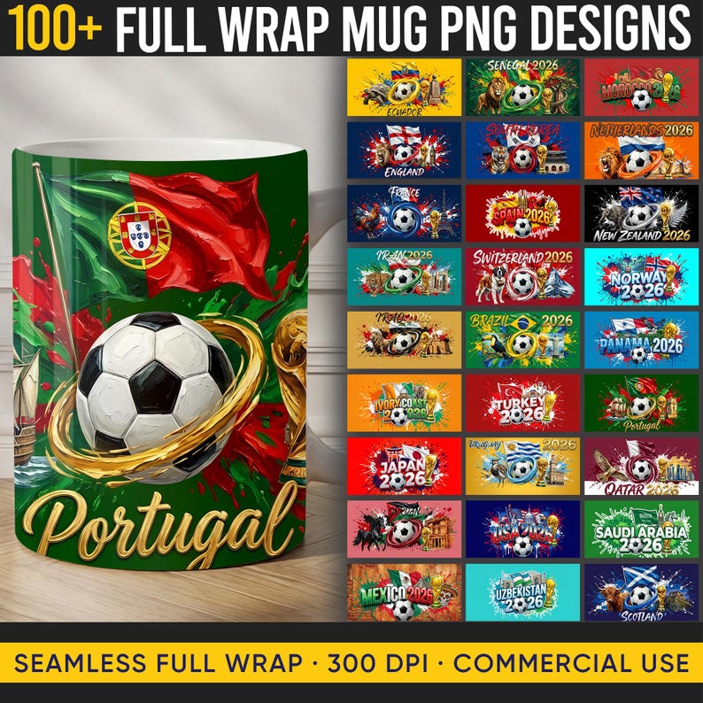 Op de afbeelding: Een groen full-wrap mokontwerp met een voetbal en een gouden ring, het woord "Portugal" in goud en de Portugese vlag. De afbeelding toont ook verschillende voetbalthema-ontwerpen, waaronder vlaggen en voetballen.