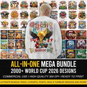 Op de afbeelding: Een witte sweatshirt met een grote afbeelding met een gouden trofee, vlaggen en dierlijke mascottes, met de tekst "2026". Het ontwerp is omgeven door kleinere voetbalthema-afbeeldingen en landenvlaggen. De tekst "ALL-IN-ONE MEGA BUNDLE" is ook zichtbaar.