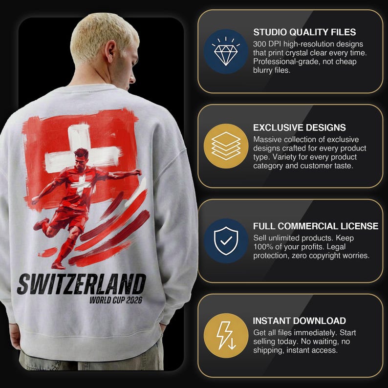 Op de afbeelding: Een lichtgrijs sweatshirt met een grote afbeelding van de Zwitserse vlag en een voetballer in het rood. Het woord "SWITZERLAND" staat eronder gedrukt, met "WORLD CUP 2026" eronder. De sweatshirt heeft lange mouwen.