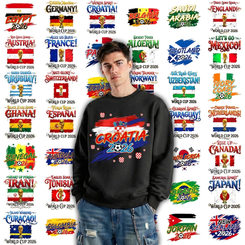 May include: A black sweatshirt with a Croatian flag design and the text "CROATIA 2026" in white and blue. The image also features flags and text related to the World Cup 2026.